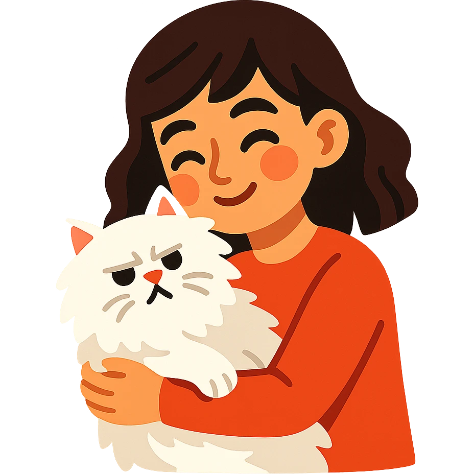brunette girl snuggling white Persian cat emoji