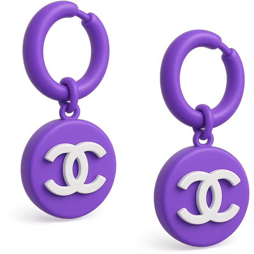 Glossy purple 3D emoji-style hoop earrings with dangling silver Chanel logos, luxurious, no background. emoji