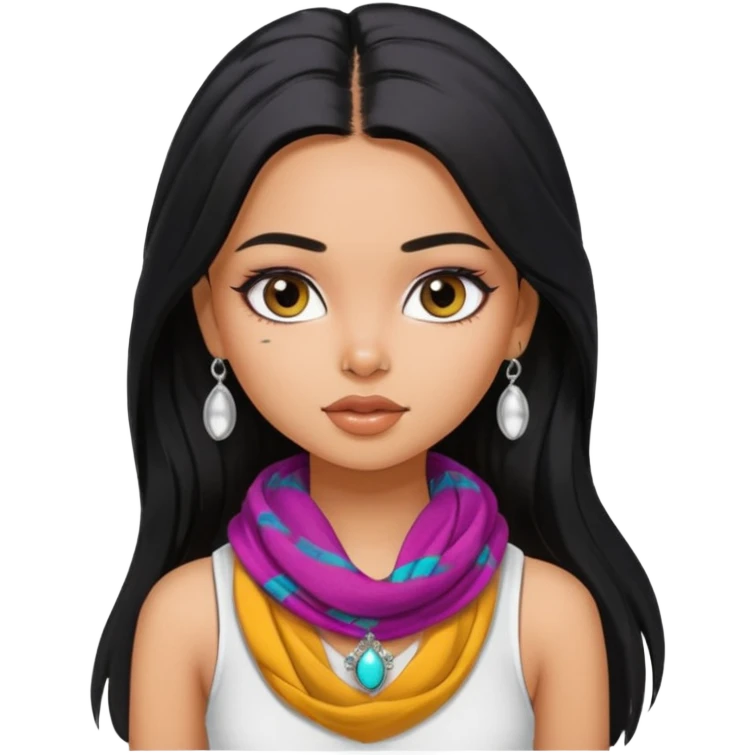 a pretty bratz girl with long black hair, kajal under eyes, small silver jhumkas. White tank top on. Colourful scarf around neck emoji
