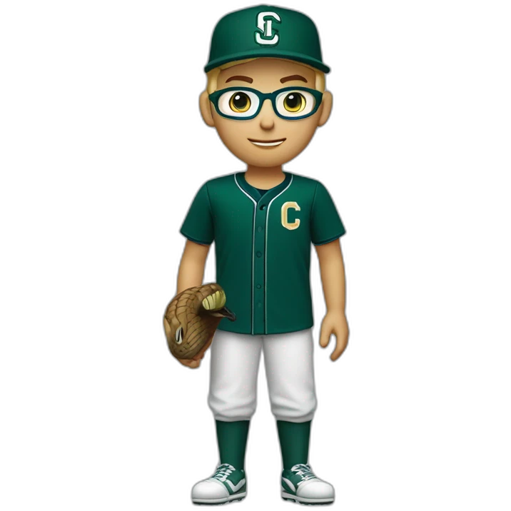 Blonde male short hair with glasses Dark green baseball uniform with hat Blue eyes a cobra snake logo with "C". waist up with a macbook behind the shoulder emoji