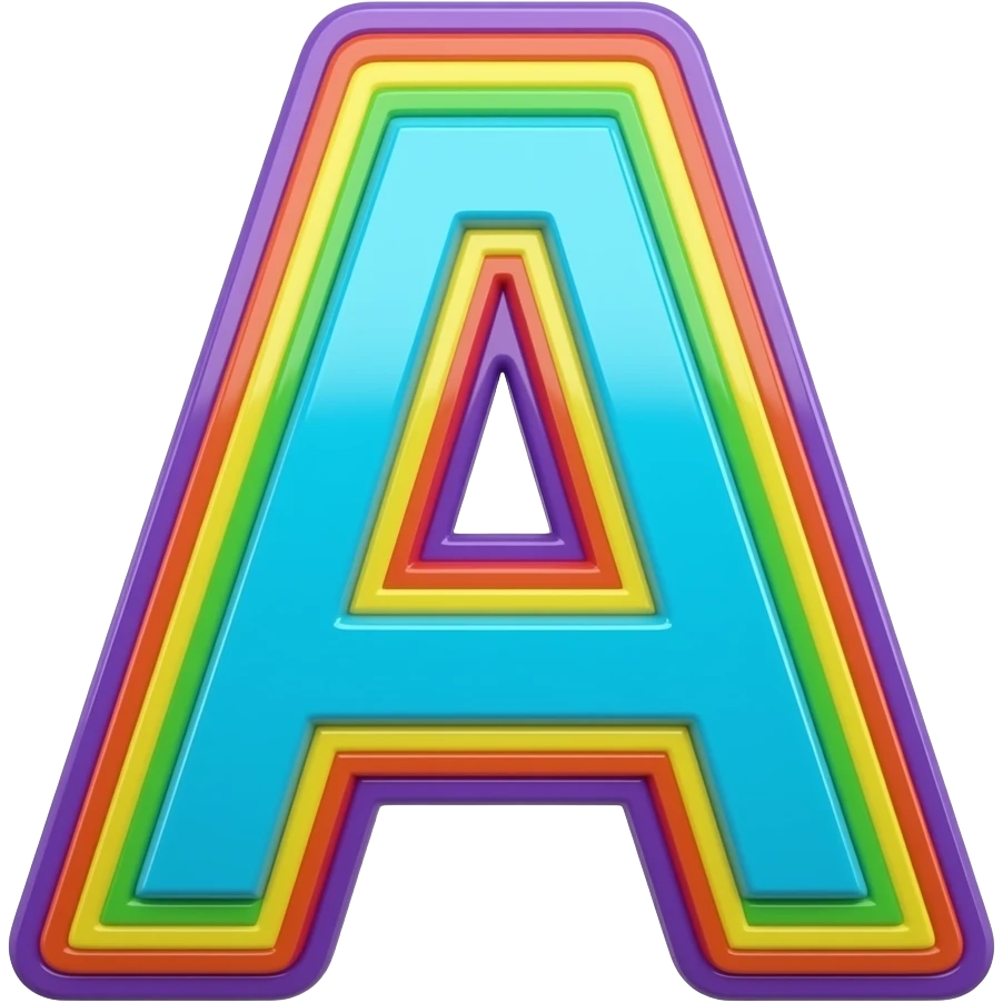 name "A" in neon blue, 3D style typography lettering, each color of the rainbow as a border outlined around each letter, isolated, 3d rendering, no emoji icons no emoji faces and must have no human figures emoji