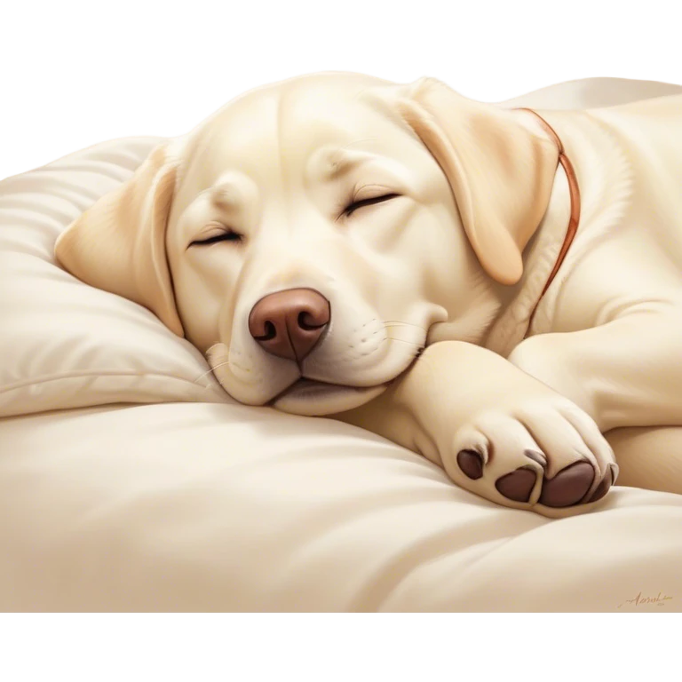 Meme-Worthy Cute Sleeping Cream Labrador Portrait Emoji, Head resting peacefully with a contented smile, showcasing a delightfully sturdy build and a luxuriously soft cream Fur, eyes shut in a serene nap, Simplified yet hilariously adorable features, highly detailed, glowing with a soft, drowsy light, high shine, relaxed and utterly lovable, stylized with an air of playful laziness, bright and heartwarming, soft glowing outline, capturing the essence of a comically sleepy companion, so meme-worthy it feels like it could instantly become the next viral sensation of adorable slumber! emoji