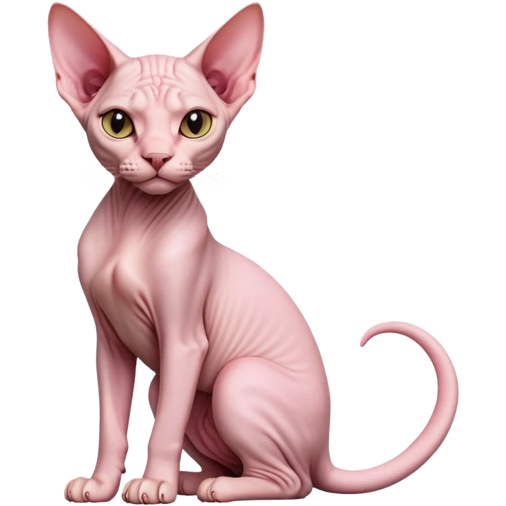 cinematic-[sphynx cat]-realistic-full-body-sitting-emoji,-tail-curled-playfully-around-its-paws,-head-tilted-dramatically,-sleek-[pink]-skin,-simplified-yet-realistic-focused-features,-highly-detailed,-glowing-with-an-almost-sarcastic-glow emoji