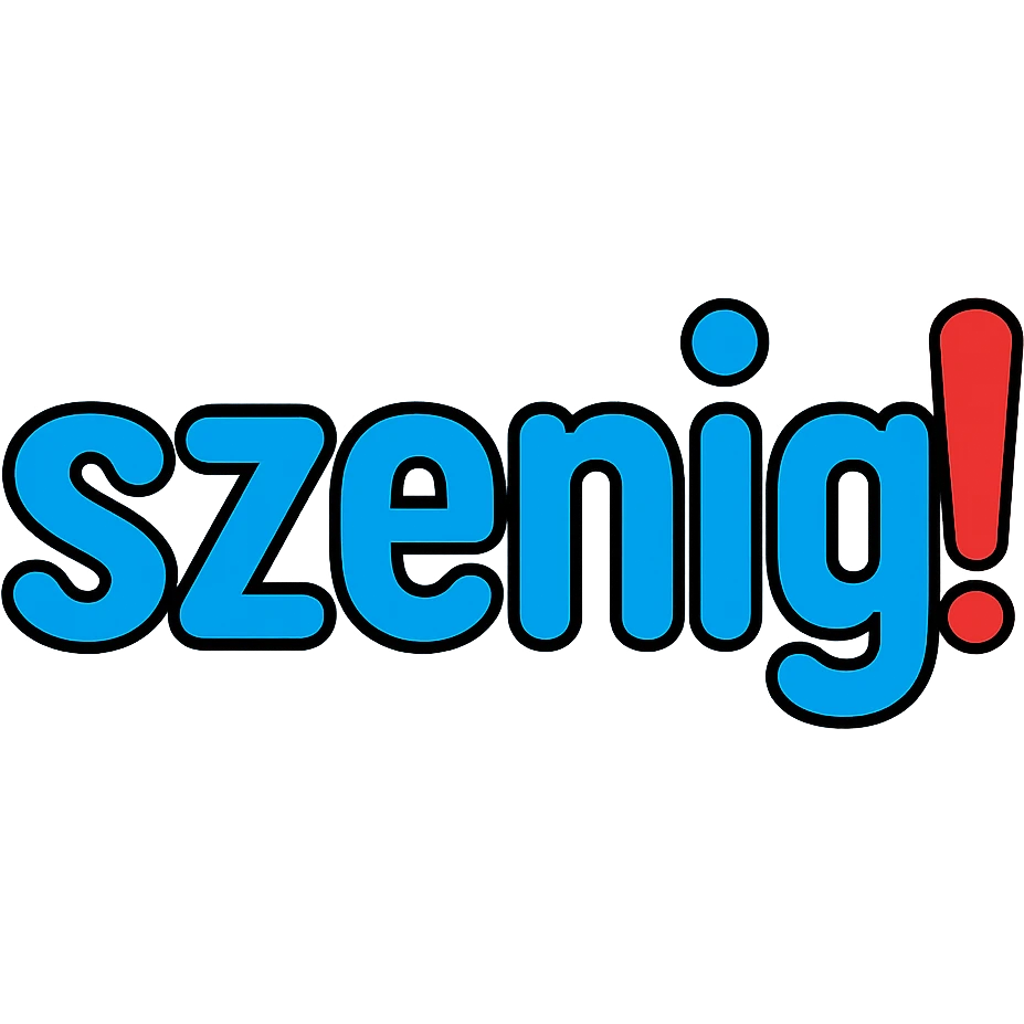blue lettering 'szenig' with the exclamation mark at the end in strong red, friendly clear look, transparent background emoji