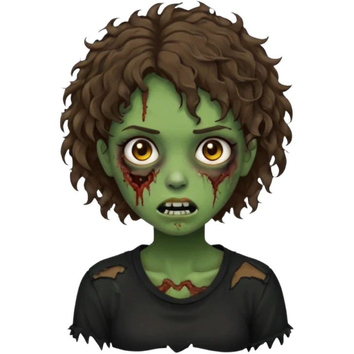 Zombie girl emoji verde com cabelo curto cacheado castanho com uma blusa preta emoji