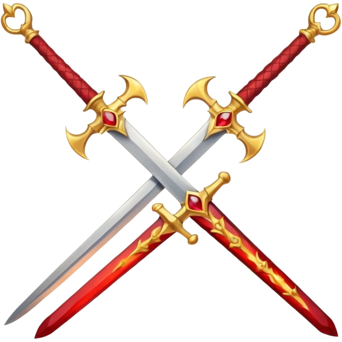 Two crossed swords that are golden in blade and handle and have fiery and royal appearence to them as well as red gem stones yellow in color emoji