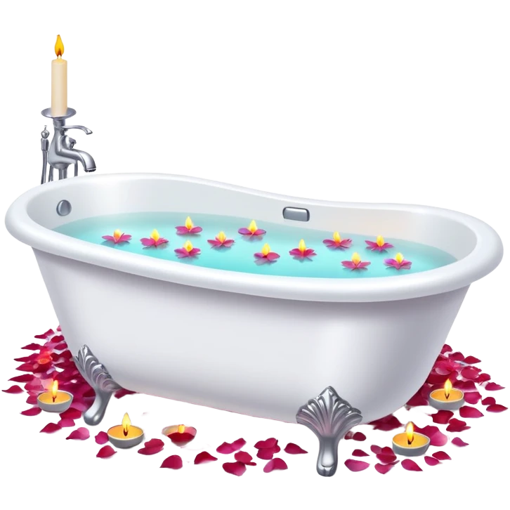 A white bathtub with warm water, with flower petals and scented candles, romantic lush warm colors emoji