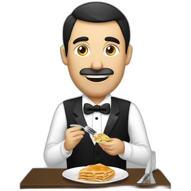 Man eating bosnian meal called Burek with fork and knife while wearing a tuxedo emoji