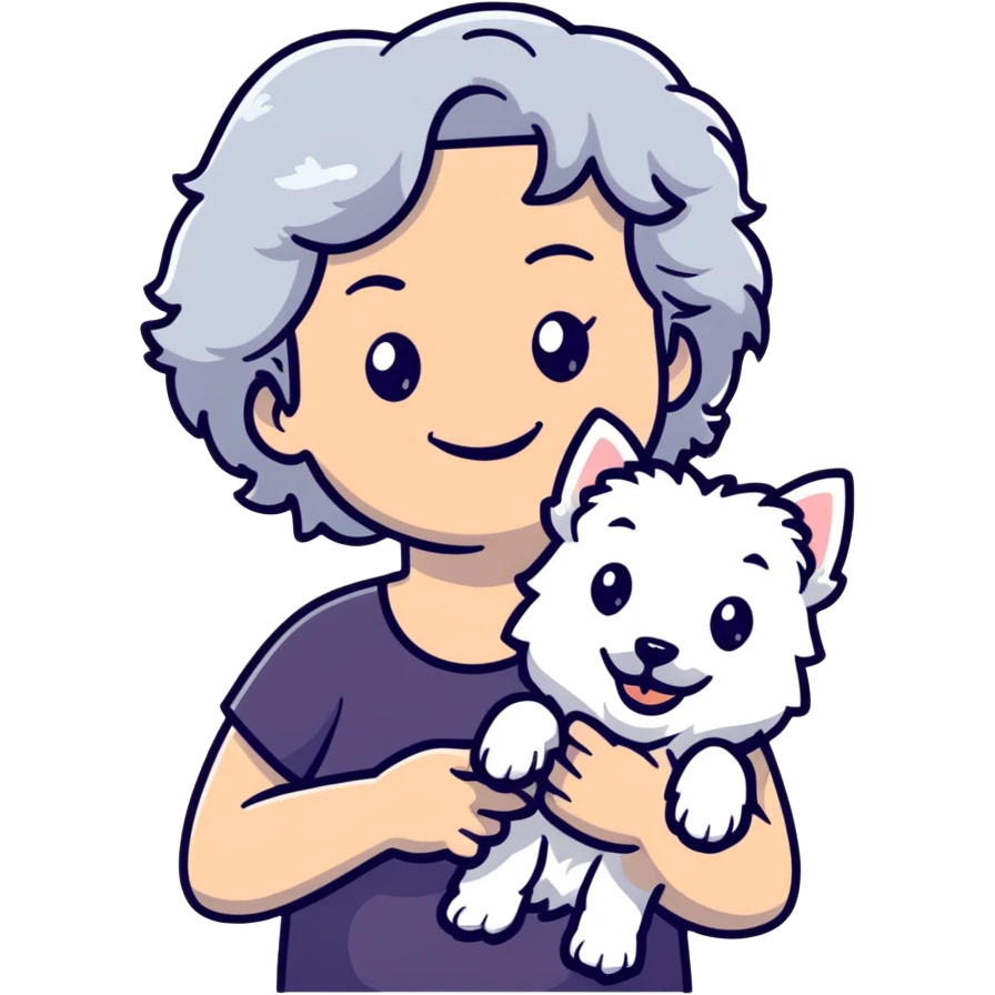 50-year-old woman with silver curly hair, smiling, with a Westie dog, cartoonish sticker emoji