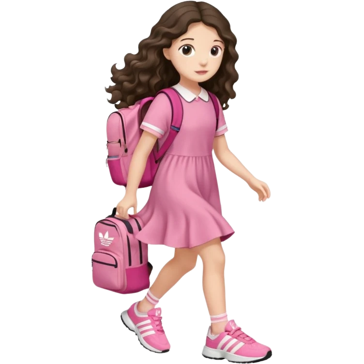 aestethic brunette very,very,very long wavy hair walking with a school backpack, with a cute pink dress, adidas shoes emoji