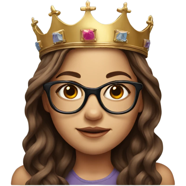 Hyperrealistic girl with brown long hair wearing a crown and glasses. And arm tattoos  emoji