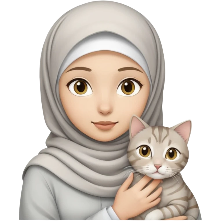Printed white hijab girl holding grey tabby cat emoji