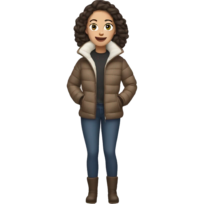 Beige, brunette woman with hot cocoa earmuffs and a puffer jacket emoji