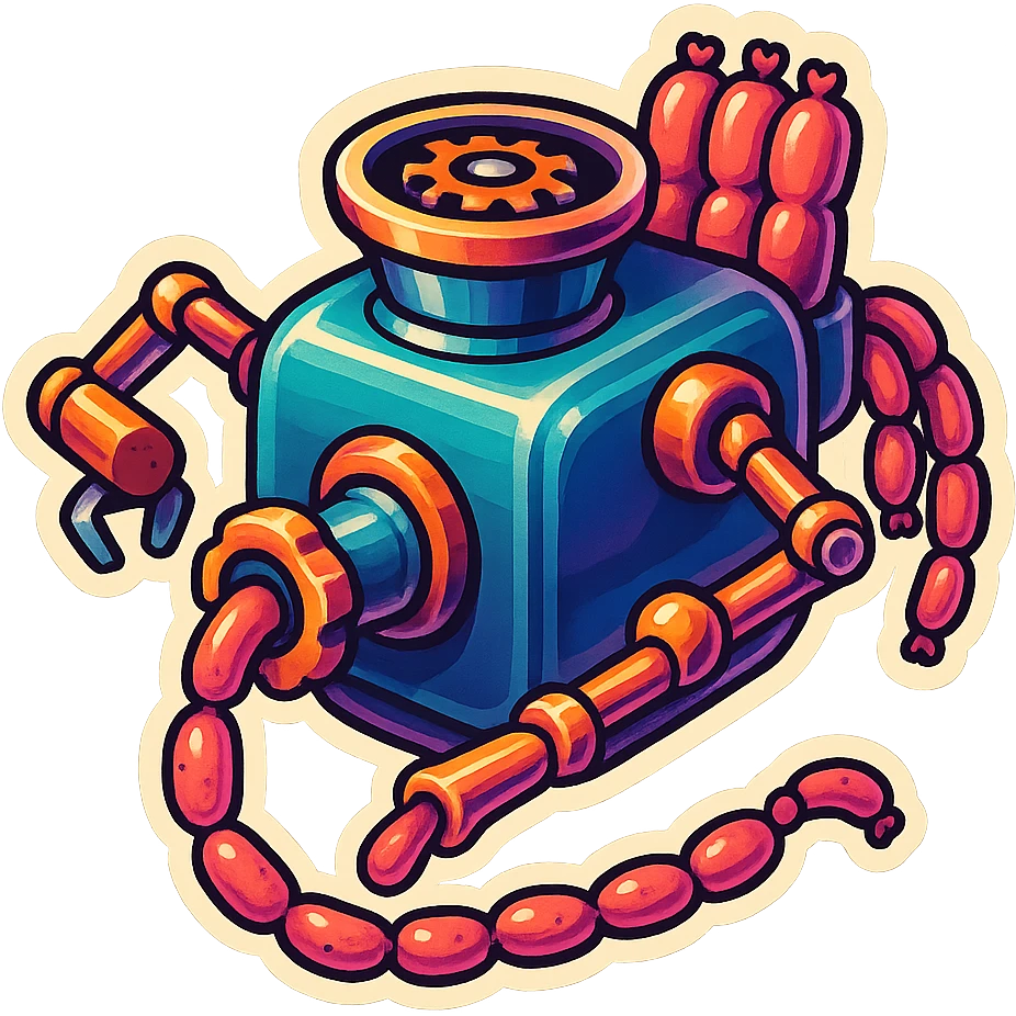 sausage-processing droid. retro-futuristic style. top is a circular industrial hole rotating gears and blades. Two robotic arms feed material into grinder. Sausage links extrude from the rear like  factory. The body is metallic, compact, and floats above the ground.no legs. Dark humor emoji