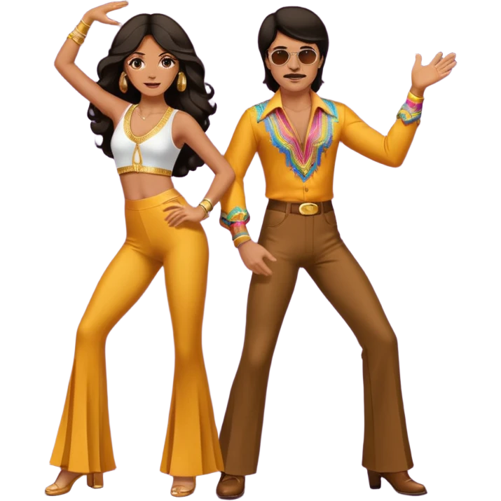 hombre y mujer bailando con ropa de disco de los 70s ambos con pantalones largos, ambos de pelo oscuro emoji