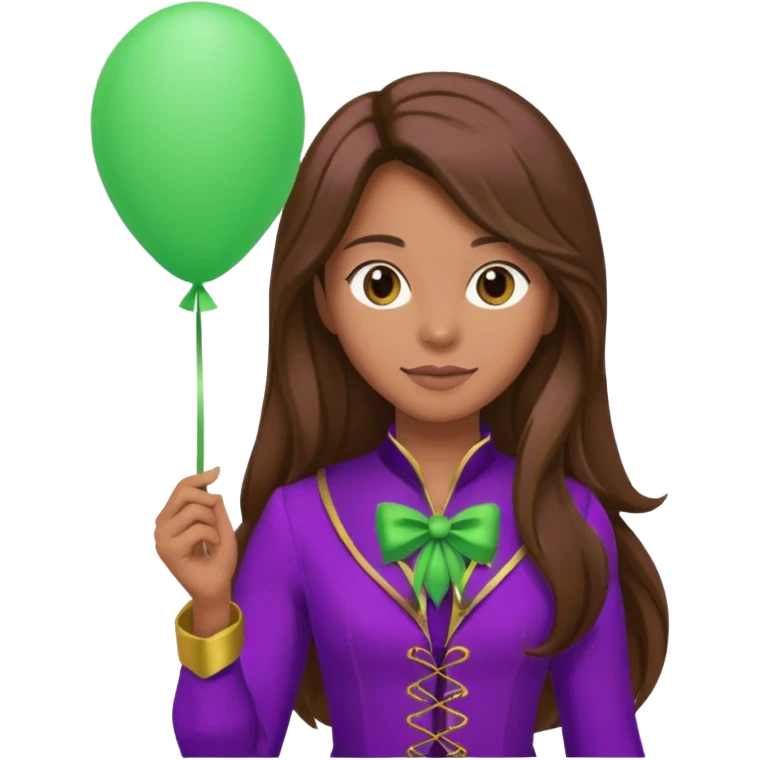 woman with long brown hair and purple costumes, holding green balloon emoji