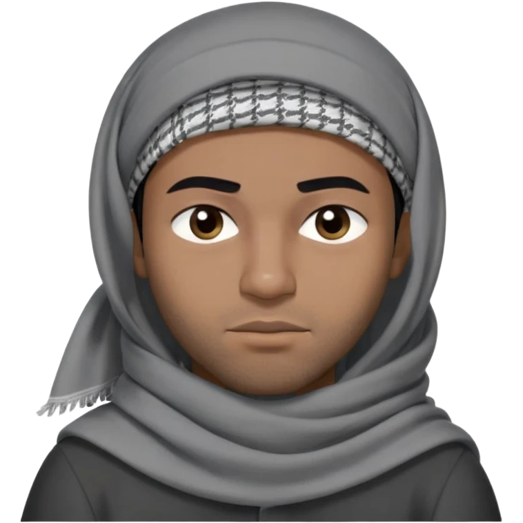 người đàn ông 30 tuổi, da đen, tóc ngắn màu đen, đội khăn kaffiyeh trùm đầu màu xám, biểu cảm buồn ngủ,mắt mở bé, áo đen, nửa thân treen emoji