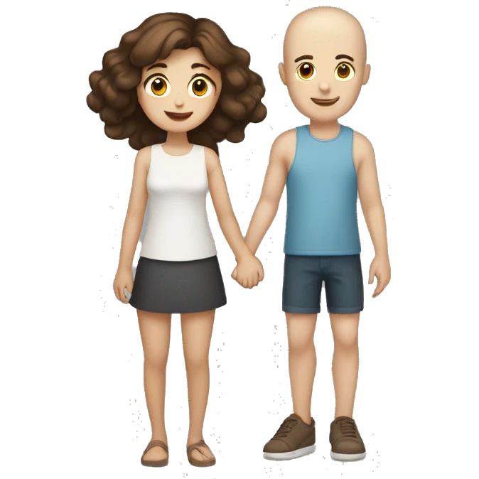 Two girls and one guy holding hands, both girls white skin, one girl brown hair, other girl no hair, guy has short brown hair emoji