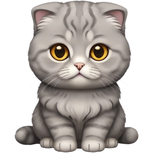 Cinematic-Fluffy-Grey-Scottish-Fold-Cat-Portrait-Emoji – Head tilted cutely with big, sparkling amber eyes, soft solid grey fur, and signature small folded ears pressed gently against its round head, simplified yet irresistibly adorable features, highly detailed, glowing with a soft and warm charm. emoji