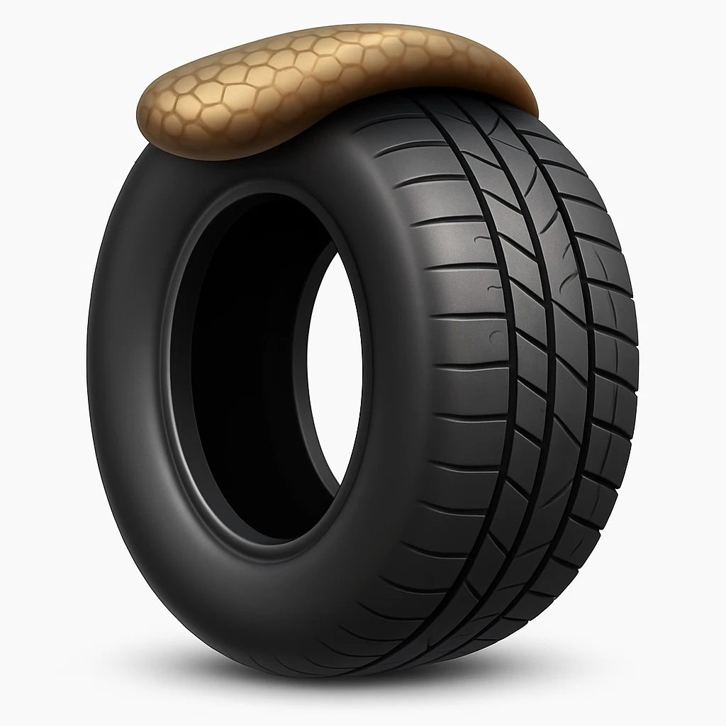 Create a tire emoji that looks exactly like the reference image in iOS emoji style. The emoji should have a 3D appearance with shiny, smooth gradients, soft shadows, and realistic tire texture, capturing the classic emoji look. Add a soft shadow under the tire. emoji