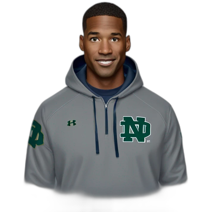 marcus freeman head coach of the university of notre dame wearing under armour sweatshirt hoodie with irish on it emoji