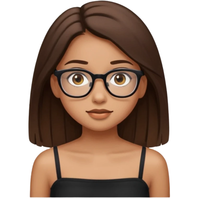 Imagine a pretty girl with slightly light brown skin with big brown eyes and glasses. She has straight long brown hair and is wearing a black tube top emoji