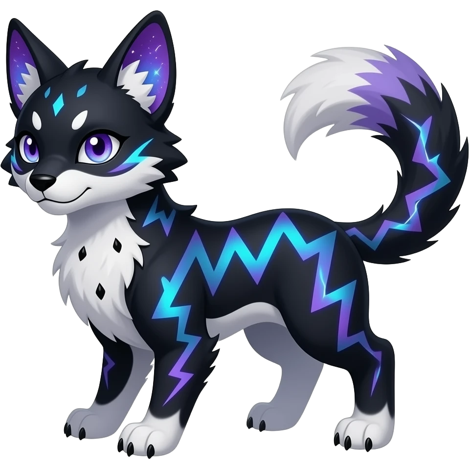 Feral Rare Fantasy Black-Dark-Vortexed Lightning-strike-zig-zag-patterned striking purple-indigo-violet-blue-cyan-gradients with black points, white underside, galactic stormy edgy badass realistic Vernid-Sergal-Genet-Trico-species by LiLaiRa, random markings, tufted tail, tufted ears, full body emoji