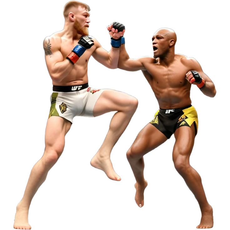 An MMA showdown between Conor McGregor and Anderson Silva in the octagon. McGregor is executing a jumping strike, while Silva skillfully deflects the attack. The background shows the UFC octagon with roaring fans and vibrant energy. Transparent background. emoji