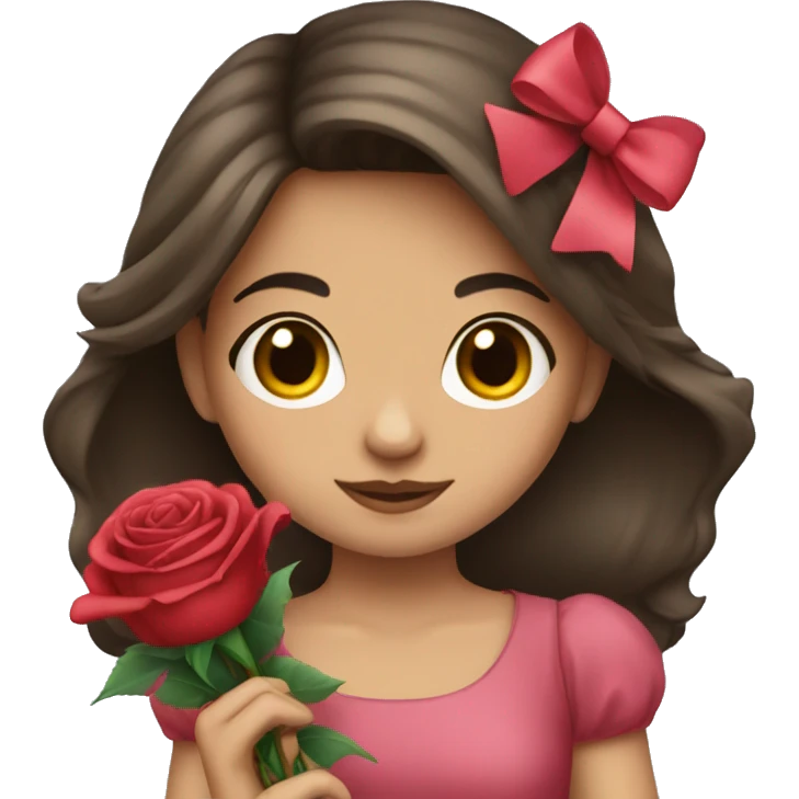 Brunette girl holding roses with a bow emoji