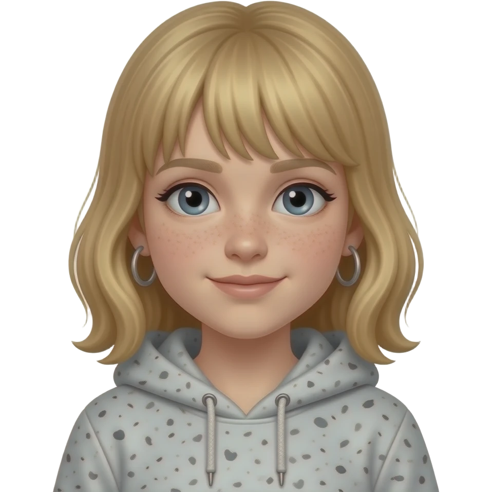 6th grade girl with dirty blonde hair wearing a speckled hoodie with hoop earrings and greyish blue eyes no scars, bangs, and make her hair longer emoji