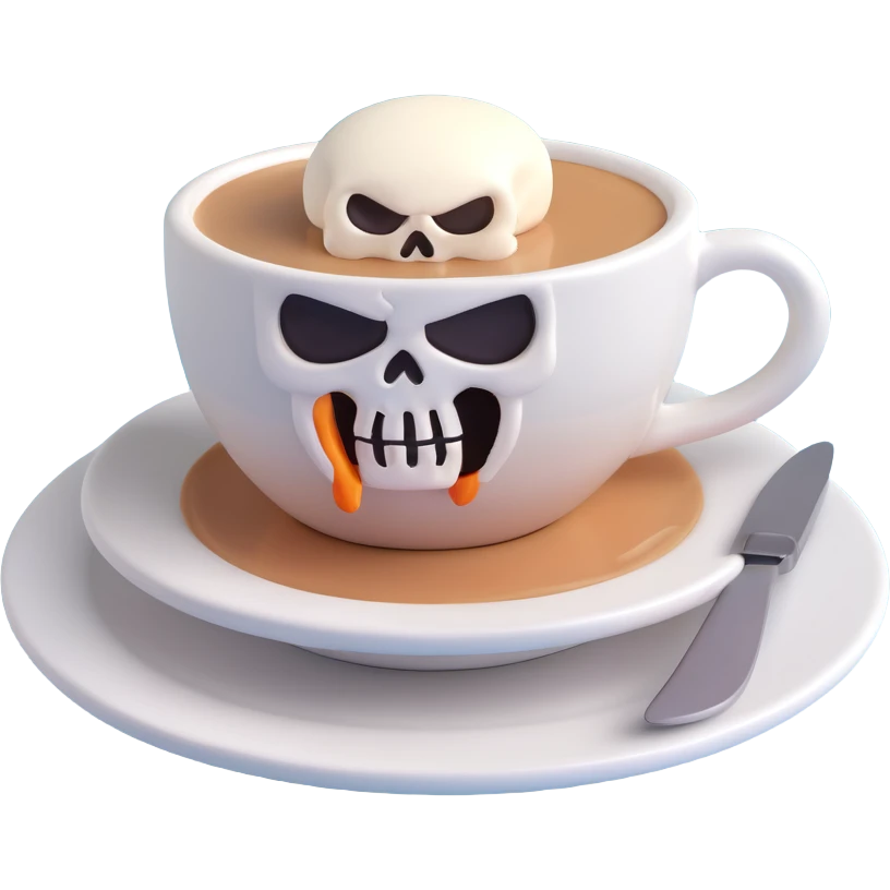 a cappuccino cup with a knife in hand, angry expression, foam art shaped like a skull emoji