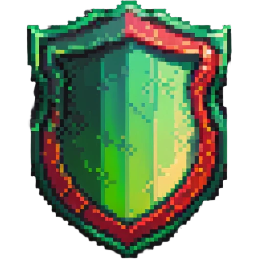 Member badge with a shield shape and green to red gradient background with pixel art details emoji