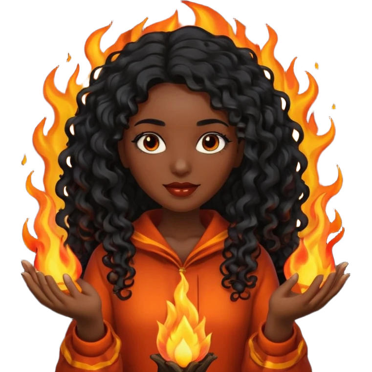 Dark curly long haired woman with fire in her hands emoji
