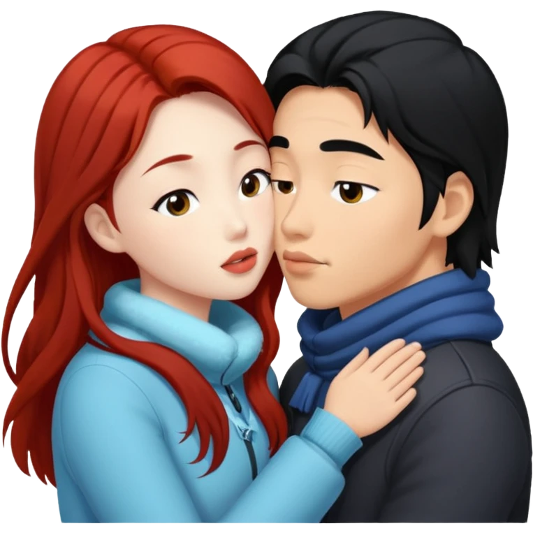 long black haired asian guy kissing redhead girl in snow emoji