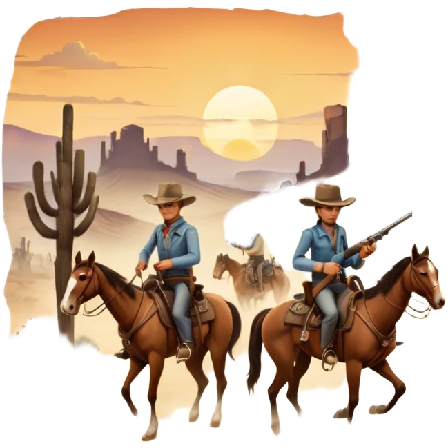 Icon for Western: A vintage movie poster-style design with cowboys on horseback, dusty desert landscape, and a setting sun. Include cowboy hats, revolvers, and an old saloon. The design should have bold typography and a retro cinematic feel. Transparent background. emoji