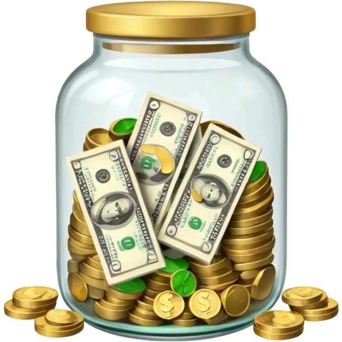 glass tip jar emoji style, simple with cash and coins  emoji