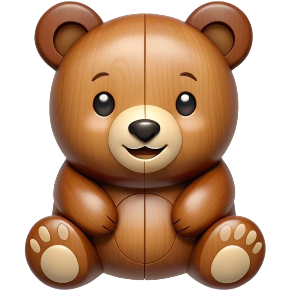 A wooden puzzle toy shaped like a bear with a cute smiling face emoji