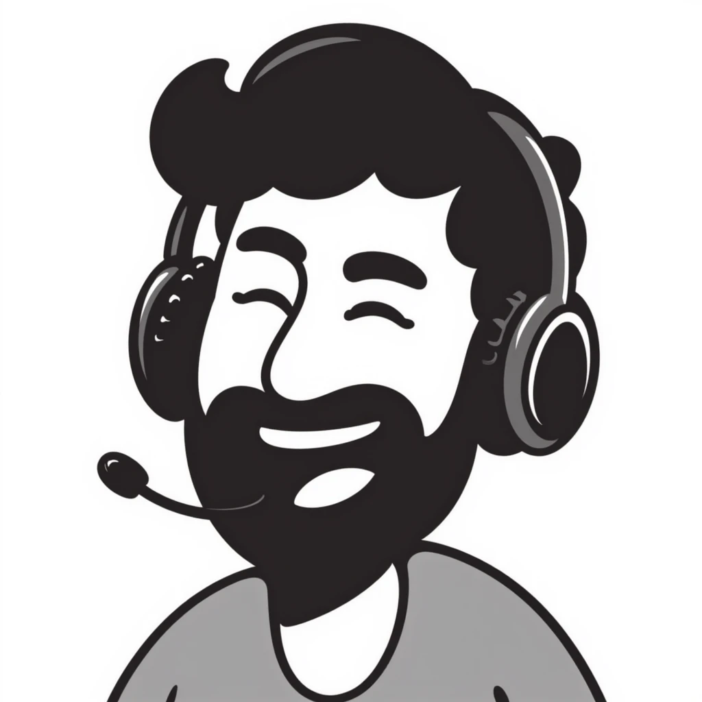 anime style laughing man with black hair, brown eyes, black beard wearing gaming headset emoji