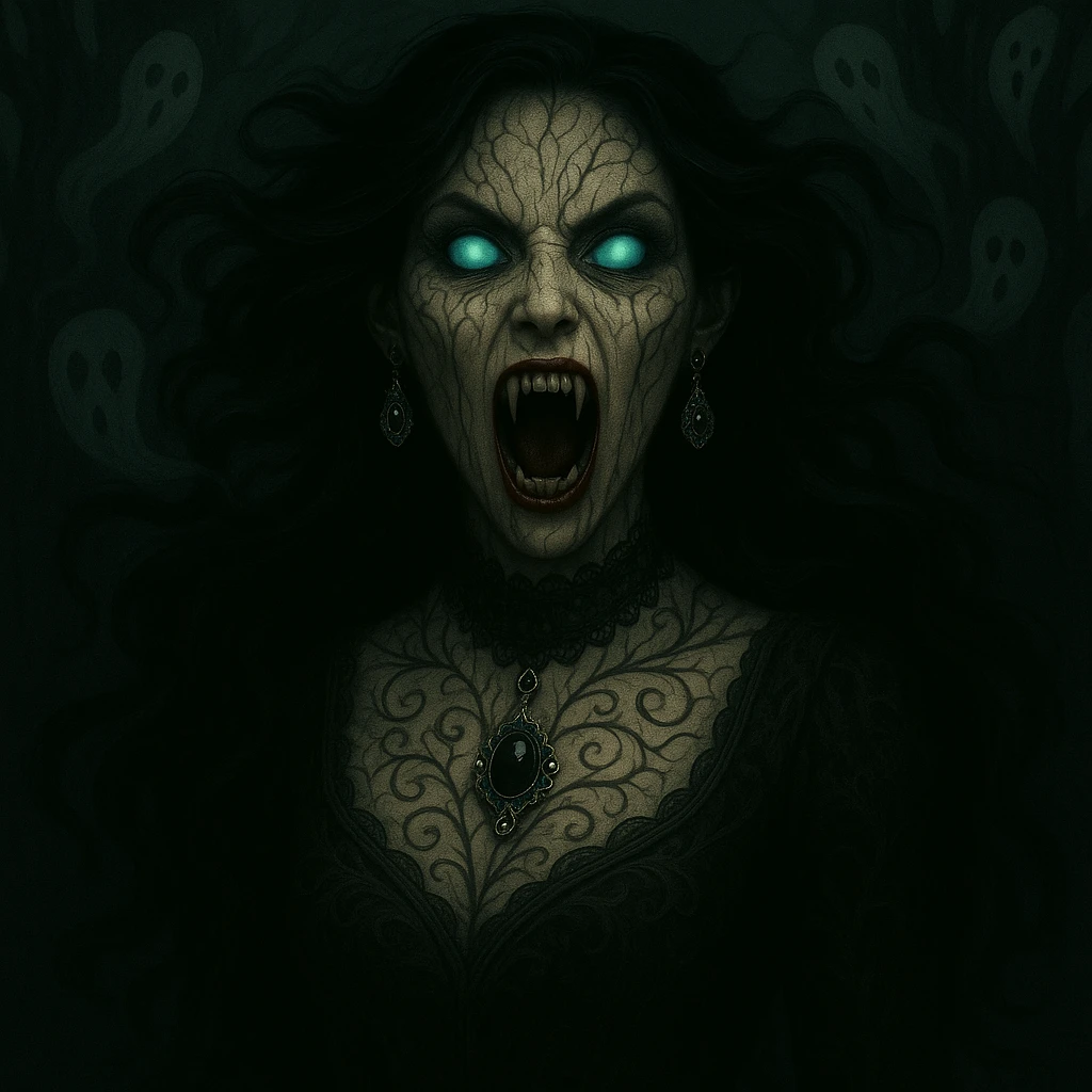 Add ornate gothic jewelry including a black lace choker, silver pendant, and dark gemstone earrings while keeping the horror and supernatural features intact. emoji