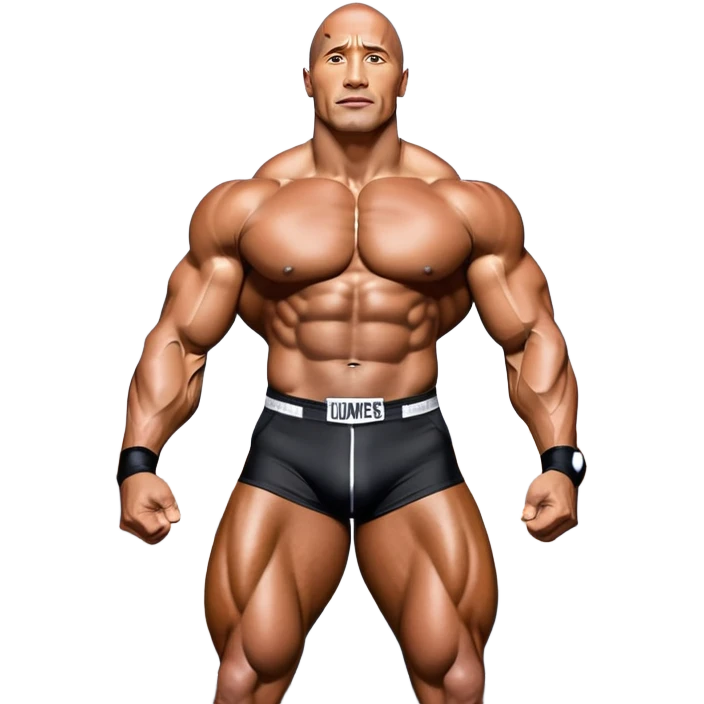 Dwayne Johnson, oiled and posing at the Mr. Universe bodybuilding championship, showcasing his muscular physique in an iconic display of strength. The background features the stage with judges and audience, capturing the intensity and prestige of the competition. Transparent background. emoji
