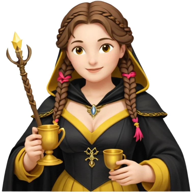 Helga Hufflepuff, brown-haired, 2 long brown braids, yellow-black medieval dress, deep neckline, black cloak decorated with gold braiding, small magic wand made of wood, tiny two-handled shiny yellow-gold cup, very kind smile, curvy busty sweet woman, macromastia, thick round rosy cheeks emoji