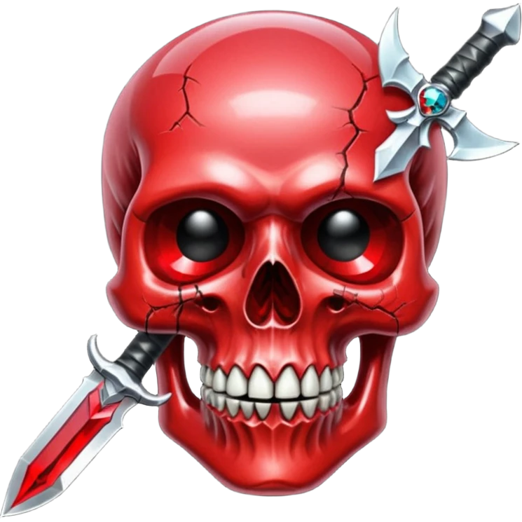 make me a red crystal skull partly see thew super gem like make it realistic and held together by a black bow and a small dagger to the eye with cracks coming from it have the bow be loosely tied around the skull holding it together make the blade super realistic  emoji