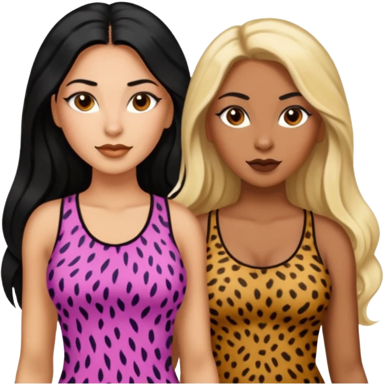 Tan Latina woman with long black hair chubby and dark skinned woman with long blonde hair slim thick in cheetah top sexy emoji