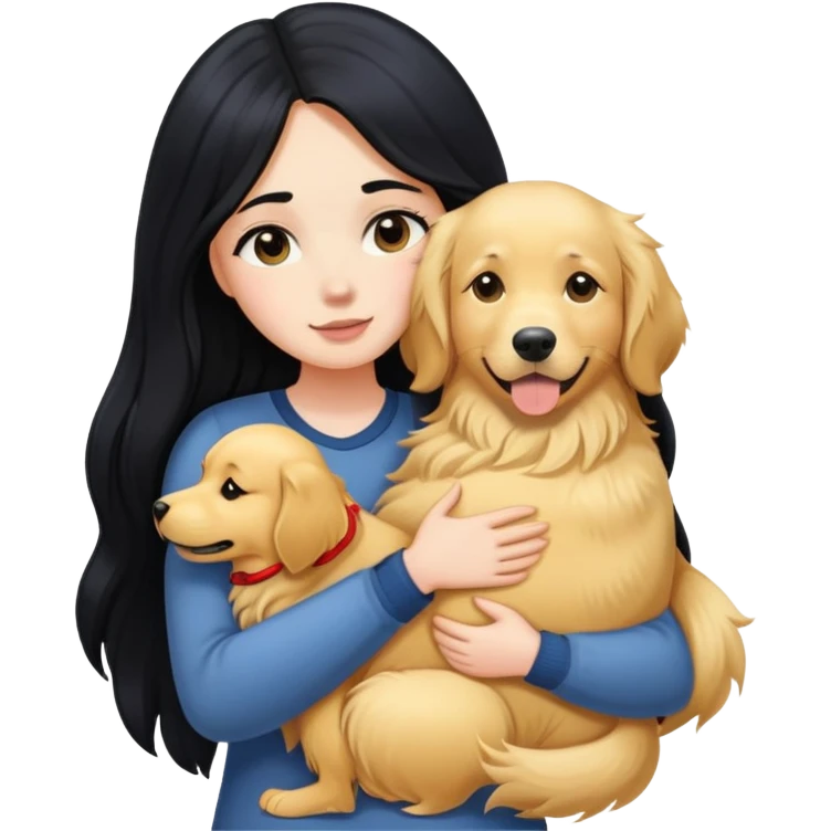 A white girl with long black  hair tightly hugged a Golden Retriever emoji