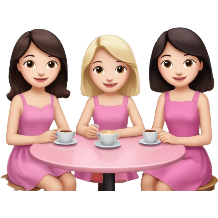 Девушка со светлыми волосами сидит в кафе весёлая с подружками у которых темные волосы в розовом платье emoji
