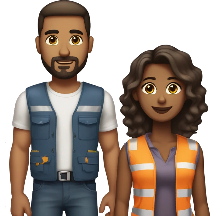Beautiful black woman hair cut in a Bob wearing construction vest holding hands couple style with her handsome man who is her boyfriend wearing the same clothes he has a goatee and is slightly taller then her he is also darker she is brown skin  emoji
