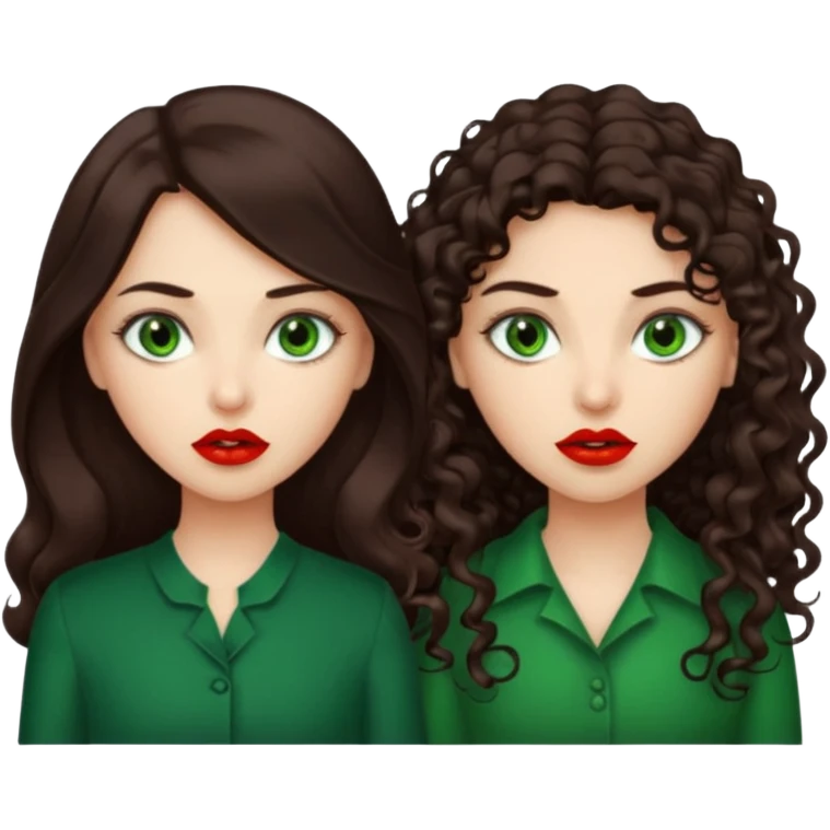 Two scornful girls, 1: long ironed straight darkbrown hair, green eyes, 2: long curly darkbrown hair, brown eyes emoji