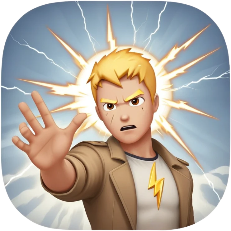 person aiming open palm hand at viewer, hand takes up most of the image, wrathful destructive facial expression, lightning blasts in background emoji