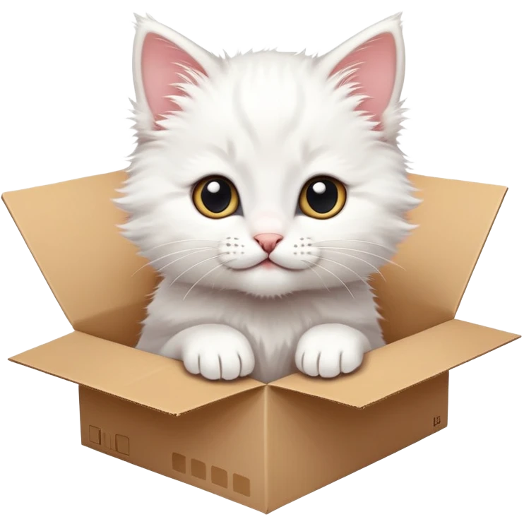  A very cute white young kitten cat with one's head tilted to one side poked its paws out of the cardboard big box and placed them on top of it emoji