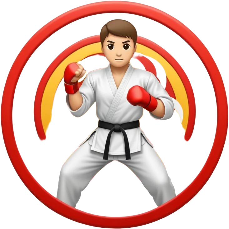 An emblem-style emoji symbolizing striking martial arts. The design features a stylized fighter in a dynamic stance, delivering a powerful punch, surrounded by a circular border with traditional elements like fists and combat symbols. Bold, clean lines with contrasting colors. emoji